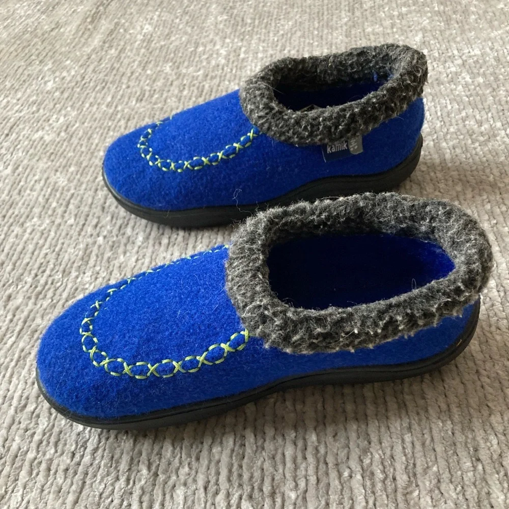 Kamik Kids Wool Slippers Size 12 Blue Gray Cabin Cozy Rubber Sole‎